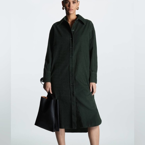 COS Dresses & Skirts - COS Dark Green Corduroy Midi Button Down Shirt Dress Size 8